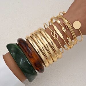 Gold Tone and Green/Amber Stackable Bracelet Set